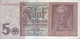 Tysk seddel fra 1942 på fem riksmark med et idealisert bilde av en blond, arisk unggutt.