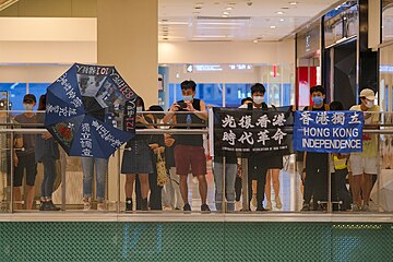 Protesters with banners and an umbrella calling for various things including Hong Kong independence