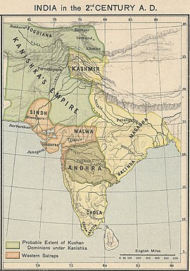 A map of India in the 2nd century AD showing the extent of the Kushan Empire (in green) during the reign of Kanishka. Most historians consider the empire to have variously extended as far east as the middle Ganges plain,[1] to Varanasi on the confluence of the Ganges and the Jumna,[2][3] or probably even Pataliputra.[4][5]