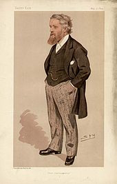 Drawing of a heavily bearded man, hands in pockets, wearing a black tailed coat, striped trousers, waistcoat and watch chain.