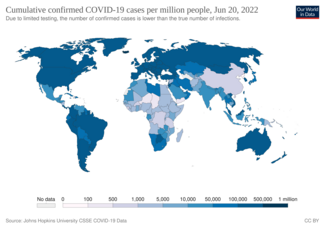 国ごとの100万人あたりのCOVID-19確定症例数を示した地図[53]