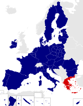 Map of the European Parliament constituencies with Greece highlighted in red