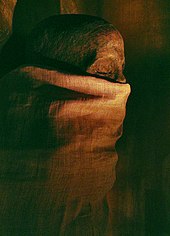 Head of mummy emerging from a linen cloth, the lower part hidden beneath the cloth
