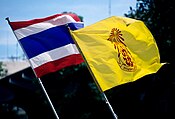 The national flag display along with the simplified version of the royal flag of King Rama IX.