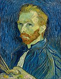 A redbearded man in a blue smock holding paintbrushes and artist palette in his hand; looks to the left