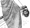 Image 49Blackbeard's severed head hanging from Maynard's bowsprit; illustration from The Pirates Own Book (1837) (from Piracy)