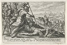 'n 17de eeuse gravure wat Diomedes uitbeeld terwyl hy Rhesus vermoor en Odusseus sy perde steel.