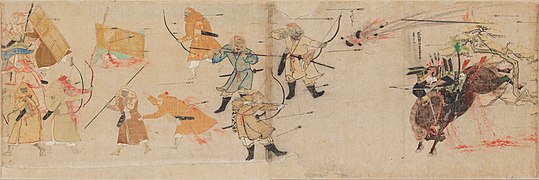 Una bomba mongola arrojada contra un Samurái en carga durante las Invasiones mongolas a Japón después de fundar la Dinastía Yuan, 1281.