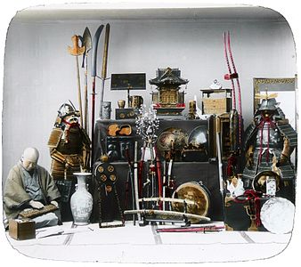 Japanese weapons and other military paraphernalia, ca.1892-95. Hand-colored glass slide