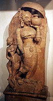 Terracotta Ganges and attendant; 1.47 metres, from Ahichchhatra, 5th-6th century CE, National Museum, New Delhi.[81]