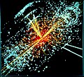 Image 40One possible signature of a Higgs boson from a simulated proton–proton collision. It decays almost immediately into two jets of hadrons and two electrons, visible as lines. (from History of physics)