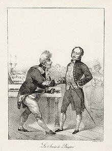 drawing of plump man in court dress greeting a slimmer, balding one, also in formal court dress