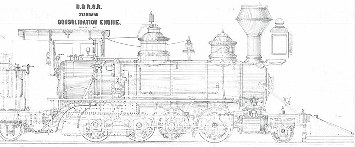 D&RG "Standard Consolidation Engine," 1881. A "consolidation" is a 2-8-0 wheel arrangement.