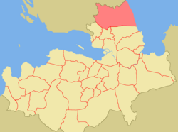 Location of North Ingria (in red), within the historical region of Ingria (in light beige).