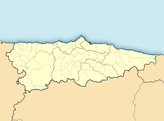 Mapa konturowa Asturii, w centrum znajduje się punkt z opisem „San Miguel de Lillo”