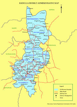Map of Badulla district showing its administrative areas