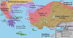 Latinsko cesarstvo s svojimi vazali in grškimi nasledstvenimi državami po delitvi Bizantinskega cesarstva leta 1204; meje med državani so zelo približne