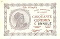 Bancnotă cu valoarea nominală de 5o centimes « Mines domaniales de la Sarre » 1919 (avers)