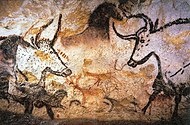 Upper Paleolithic art, c. 17,300 years old, showing aurochs, horses, and deer. Lascaux, France