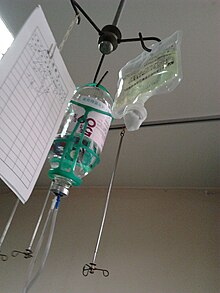 Photograph of two intravenous solution bags (containing glucose and levofloxacin, respectively) and a paper log sheet hanging from a pole.