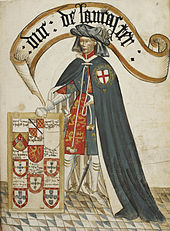 image of a man in late medieval finery, with a board indicating his lordships