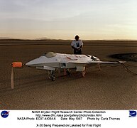 A technician at Dryden prepares the X-36 for its first flight