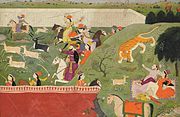 'Ala'ud-Din and Mahima Dharma hunting a tiger while in an intimate relationship, Punjab Hills, India, 1790