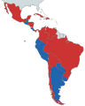 Image 14In blue countries under right-wing governments and in red countries under left-wing and centre-left governments as of 2023 (from History of Latin America)