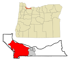 Location of Portland in Multnomah County and the state of ஓரிகன்
