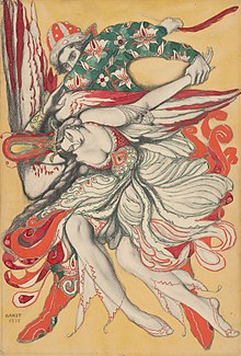 Colorful sketch of a prince holding down an elaborately dressed Firebird