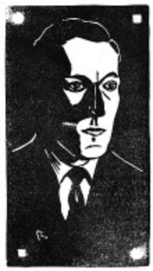 A linocut portrait of H. P. Lovecraft, facing right