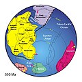 Angenommene Paläogeographie Pannotias um 550 mya mit Antarktika und Australien (graublau markiert)
