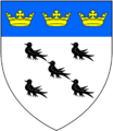 Argent five martlets saltirewise sable on a chief azure three ducal crowns or (Bodley)