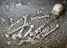 A disarticulated skeleton in a gravelly pit