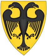First depiction of the Reichsadler as a double-headed eagle (coat of arms of Otto IV from the Chronica Majora, c. 1250)