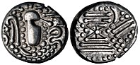 A Chaulukya-Paramara coin, circa 950–1050 CE. Stylized rendition of Chavda dynasty coins: Indo-Sassanian style bust right; pellets and ornaments around / Stylised fire altar; pellets around.[72]