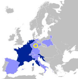 Principality of Erfurt highlighted in yellow within the First French Empire (coloured in blues), shown with 1812 borders