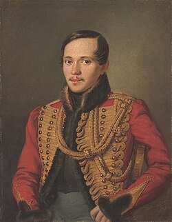 Mihail Jurievitš Lermontov (1814—1841) henkivartioston husaarirykmentin univormussa, Pjotr Zabolotski 1837. Tretjakovin galleria, Moskova.