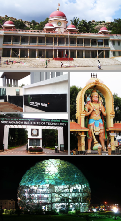 Clockwise from top: Siddaganga Matha, Kote Anjaneya Swami Statue, Globe Library of SSIT, SIT, India Food Park