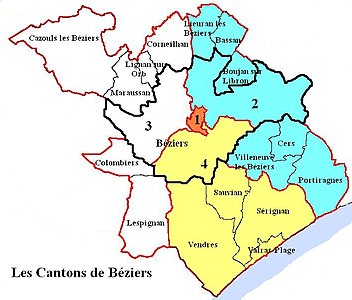 Carte des cantons de Béziers avant 2015.