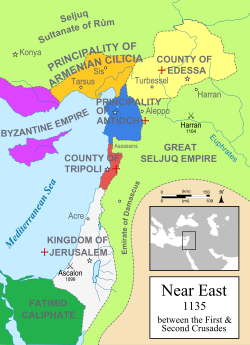 Jeruzalemsko kraljestvo in druge križarske države (v odtenkih zelene) v okviru Bližnjega vzhoda leta 1135.