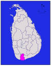 マータラ県を示した地図。スリランカの南部州に位置する。