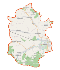 Mapa konturowa gminy Prudnik, na dole po lewej znajduje się punkt z opisem „Pokrzywna”
