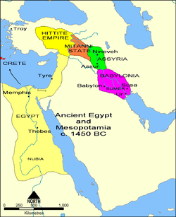 Owerview cairt o the Auncient Near East in the 15t century BC (Middle Assirian period), shawin the core territory o Assirie wi its twa major ceeties Assur an Nineveh wedged atween Babylonie dounstream (tae the sooth-east) an the states o Mitanni an Hatti upstream (tae the north-wast).