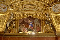 Baroque tympanum in the Queen's Bedroom in the Louvre Palace, Paris, by Michel Anguier and Pietro Sasso, with a painting of Judith and Holophernes, by Giovanni Francesco Romanelli, 1655[7]