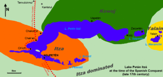 Map showing Lake Petén Itzá extending east-west. Two smaller lakes lie a short distance to the east, first Lake Salpetén and then Lake Macanché. The town of Yalain is on the north shore of Lake Macanché; Zacpetén is on the north shore of Lake Salpetén. Ixlú is on the east shore of the main lake, Uspetén is on its north shore. Chakokʼot and Chakʼan are on the northwest shore, Chʼichʼ is on a small peninsula on the southwest side of the lake. Nojpetén is on an island in an extension of the lake branching southeast. Beyond this branch are two small lakes, Petenxil and Eckixil. The Camino Real route to Guatemala extends south from the south shore opposite Nojpetén. The Camino Real route to Yucatán runs north around the west shore of the lake from Chʼichʼ to Chakʼan and then heads north away from the lake to Tanxulukmul and onwards. Kantetul is a short way to the east of Tanxulukmul. The Itza territory covered the almost the entire western half of the lake and extended further westwards, it also included the two small lakes extending from the southern branch of the lake. The area south of the main lake was Itza-dominated. The Kowoj territory covered the area northeast of the lake, and the easternmost portion of the south shore. It extended around Lake Zacpetén. Yalain territory surrounded the small Macanché lake.