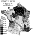 A map showing the prevalence of suicide in France, 1872–1876.