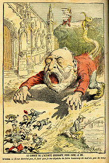 Caricature de presse montrant Émile Combes comme un ogre géant doté d'une queue pourchassant des enfants courant devant une église.