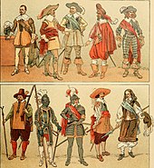 Tyske, svenske og nederlandske uniformer og rustninger fra trettiårskrigen 1618-1648. Hattene er store og med fjær. Tegning: Geschichte des Kostüms (1905)