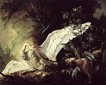 Huile sur toile représentant un chien barbet surprenant un grand cygne dans son nid, dans un environnement végétalisé